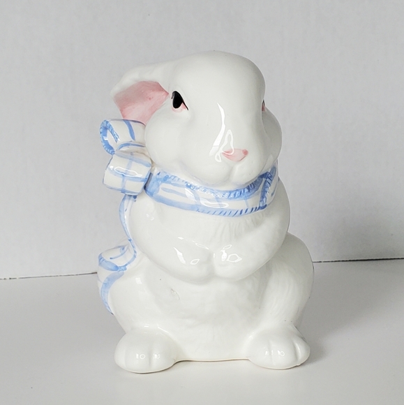 Vintage White Bunny Ceramic Figurine Blue Gingham Scarf Easter Spring - Picture 2 of 11